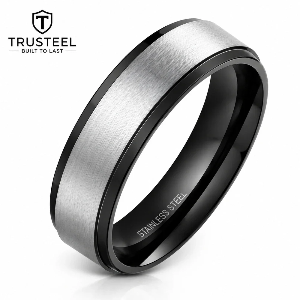 Men’s 316L Stainless Steel Ring Band Comfort Fit Silver black 6mm Size 11